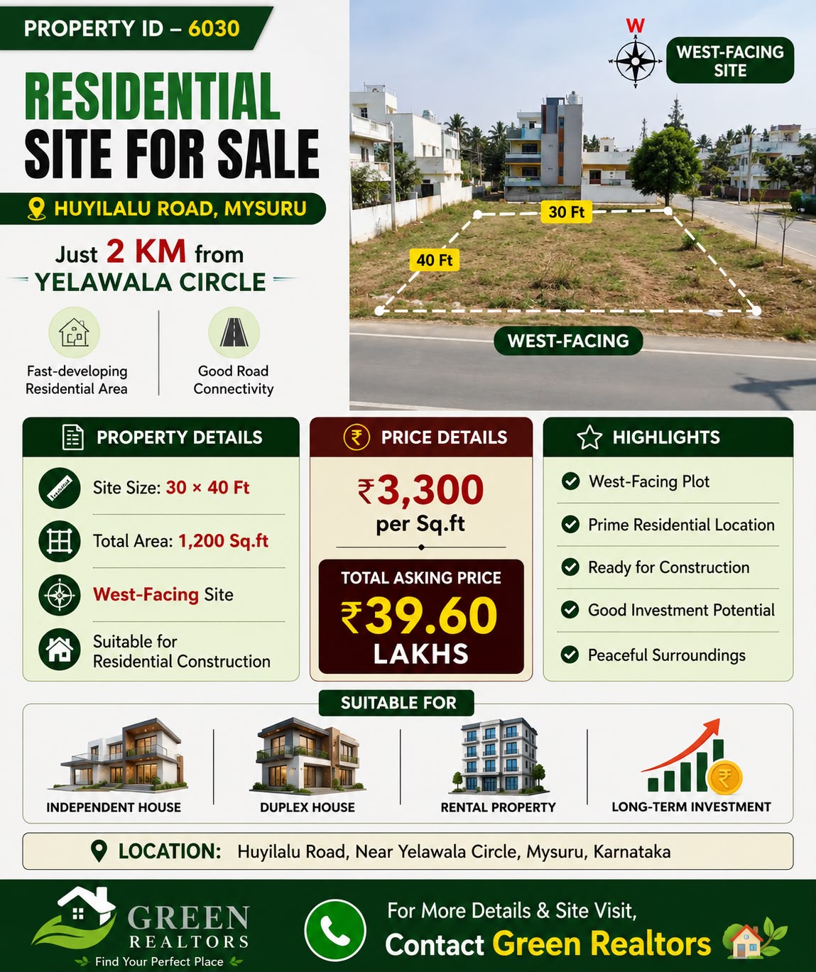 🆔 *PROPERTY ID – 6030* 🏡 *Residential Site for Sale – Huyilalu Road, Mysuru*